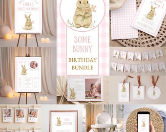 Some Bunny Birthday Bundle, Girl 1st Birthday Party Package, Pink Gingham Invitation Bundle, Cute Bunny Party Decor, Some Bunny is turning 1