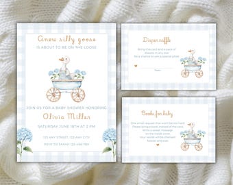 Ensemble d'Invitation pour baby shower bleu Silly Goose, modifiable Une nouvelle invitation Silly Goose, Vichy bleu, ensemble d'Invitation pour baby shower garçon, fête de l'oie