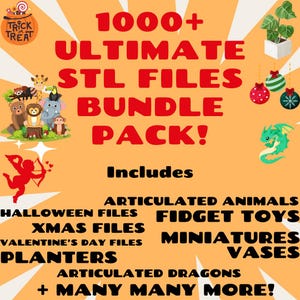 May include: A digital download of over 1000 STL files for 3D printing. The bundle includes articulated animals, fidget toys, miniatures, planters, vases, and articulated dragons. The image features a variety of 3D printed objects, including a dragon, a plant, and a Christmas ornament.