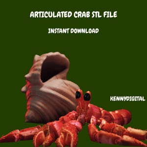 Op de afbeelding: Rode gearticuleerde krab STL-bestand met de tekst "ARTICULATED CRAB STL FILE" en "INSTANT DOWNLOAD" op een groene achtergrond. Achter de krab staat een bruine zeeschelp. De tekst "KENNYDIGITAL" staat rechtsonder.