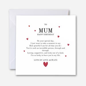 quare white personalised mum birthday card featuring a heartfelt printed poem, surrounded by small red hearts, shown with a white envelope behind it.