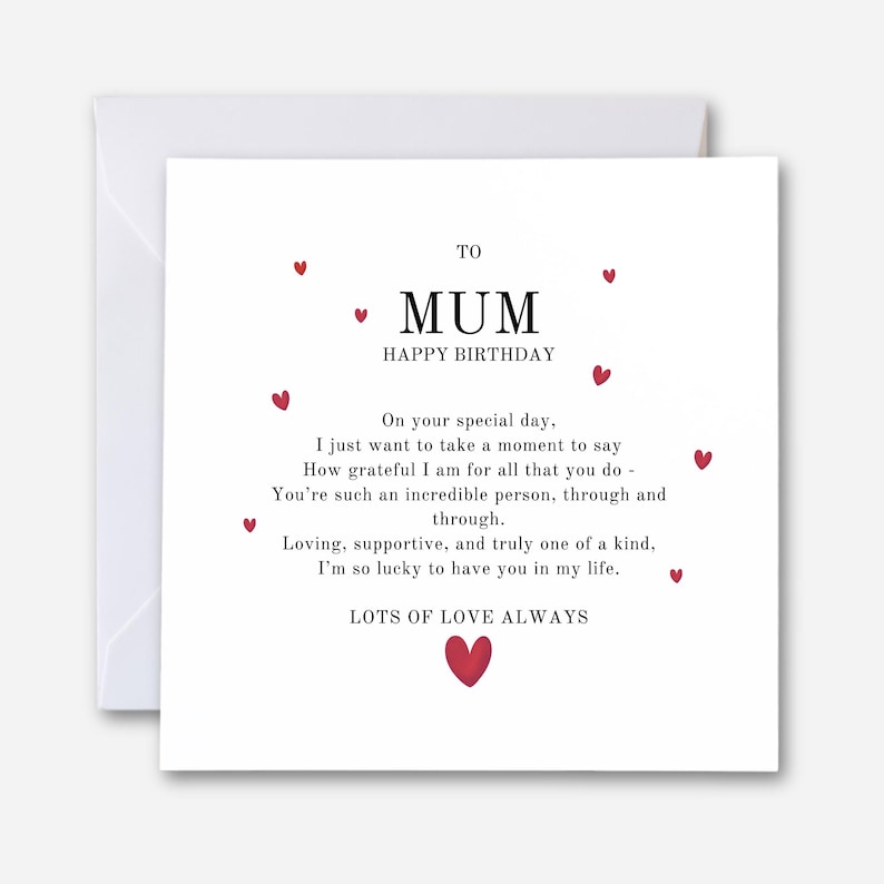 quare white personalised mum birthday card featuring a heartfelt printed poem, surrounded by small red hearts, shown with a white envelope behind it.