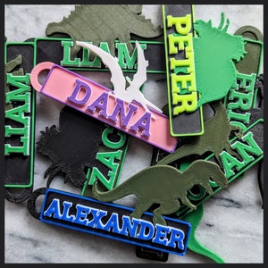 Personalized Dinosaur Backpack Tag / Keychain : Luggage Name Tag for Kids / Dino Fans on the Go -  3D Printed Name / Bag Tag Charm