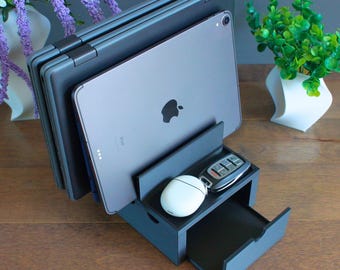 Tablet & Laptop Charging / Docking Station - Space Saving Device Organizer With Storage Drawer