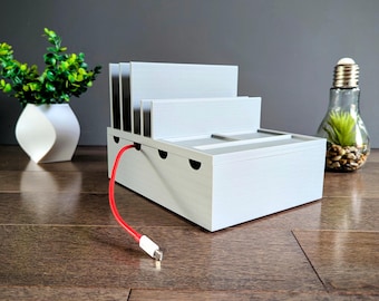 Multi Device Charging / Docking Station - Space Saving Device Organizer With Accessory Tray -Ideal for Laptops, Tablets, Phones and Ear Pods