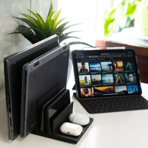 Vertical Laptop Holder and Dock - Space Saving Desk Organizer, Multiple Device Desktop Stand