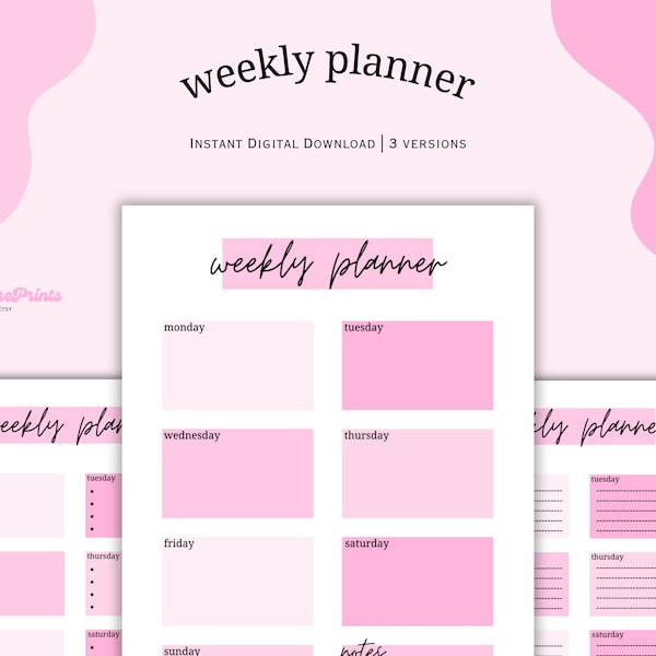 Digital Pink Weekly Planner, Weekly Organiser, Task List, Weekly To Do, Weekly Tasks | Instant Download