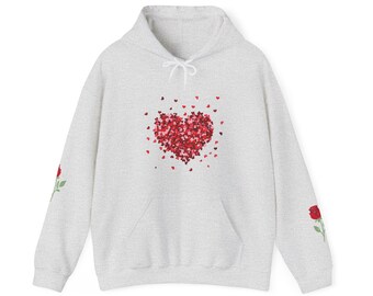 Heart glittery hoodie, Womens Valentines Day Shirt, Valentine's Day Gifts, Heart printed Hoodie, gift for her, Roses sleeves print sleeves
