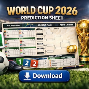 Puede incluir: Imagen que promociona la Hoja de Predicción de la Copa del Mundo 2026. Presenta un balón de fútbol, un trofeo dorado y una tabla de predicción. Incluye el texto "WORLD CUP 2026 PREDICTION SHEET" y un botón "Download".