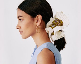 Double layered Animal print  frill scrunchie, Flamenco Ruffled Hair Scrunchie, Batik White Mustard Wrist Cuffs, White Brown pleated trim