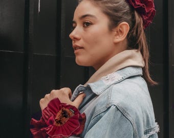 Burgundy Ruffled Hair Scrunchie,  Jumbo scrunchie, Boho Hair Elastic, Festival Hair Band, XL Hair Accessories, Gift for Her, Gift Girlfriend