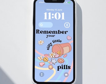Fondo de pantalla genial para móvil: «Recuerda tus pastillitas» / Fondo digital / Fondo de pantalla retro instantáneo / Recordatorio de medicación para la salud mental
