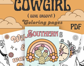 Páginas para colorear imprimibles Groovy Cowgirl / Páginas para colorear digitales de estilo retro / PDF / Estilo occidental / Colorear para niños y adultos / Instantáneo