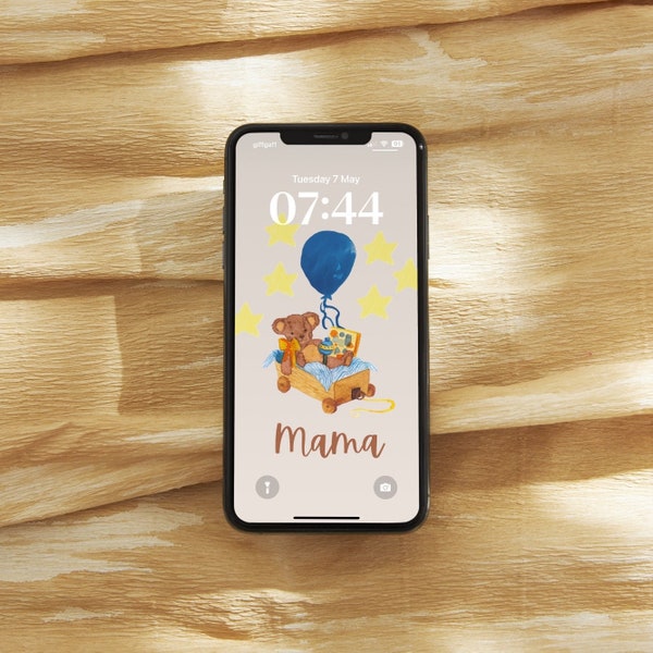 Vintage Style Boy Mama Phone Wallpaper | Instant Digital Download Screensaver | Minimalist Style Lockscreen | Baby Teddy Bear Balloons Stars