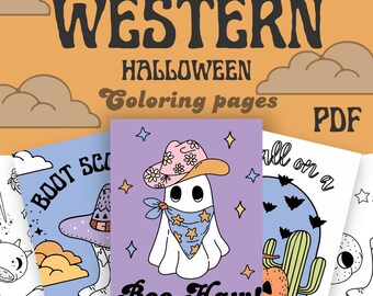 Páginas para colorear imprimibles de vaqueras del oeste de Halloween / Otoño espeluznante en estilo retro digital / PDF / Colorear para niños y adultos / Descarga instantánea