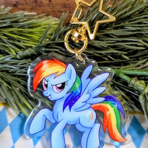 Op de afbeelding: Een blauwe pony sleutelhanger met een regenboog manen en staart, en vleugels. De sleutelhanger heeft een gouden stervormige sluiting. De pony heeft een vastberaden uitdrukking. De achtergrond bevat groen en een blauw-wit geblokt patroon.