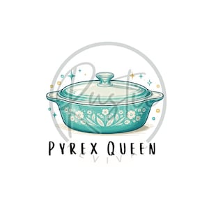 May include: A teal Pyrex casserole dish with a lid, adorned with white floral patterns. The dish is set against a backdrop of stars and a circular design. The text "PYREX QUEEN" is displayed below the dish.
