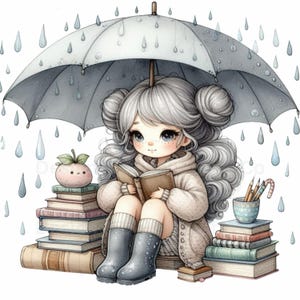 Quirky Girls Reading Clipart Pack, Whimsical Characters Book Lovers Clipart, 10 High Res PNGs for Card Making Junk Journals Digital Download