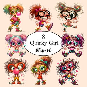 Quirky Funny Girls Clipart – Playful Cartoon Character Set, Cute Whimsical Girls, 300 DPI PNGs, Watercolor Cute Girl Clipart, Digital PNG