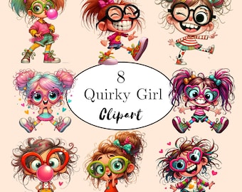 Clipart drôle de filles excentriques : ensemble PNG de dessins animés ludiques (téléchargement numérique)