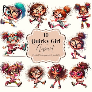 10 Quirky Funny Girls Clipart Playful Cartoon Character Set Cute Whimsical Girls 300 DPI PNGs Watercolor Cute Girl Clipart Digital PNG Files