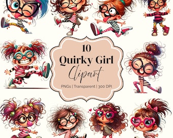 Clipart Filles excentriques : ensemble PNG aquarelle drôle
