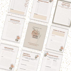 Op de afbeelding: Een verzameling beige en witte Bijbelstudiepagina's met bloemaccenten. De centrale pagina is een Bijbelstudiegids met de tekst "Faith Over Fear" en "Discover Strength and Peace Through God's Word." Andere pagina's zijn "Observation", "Application" en "Verse of the Day."