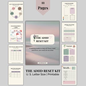 May include: A digital ADHD reset kit with 11 pages, including daily and weekly planners, a routine builder, and self-care checklists. The kit features a calming design with floral accents and the text "THE ADHD RESET KIT".