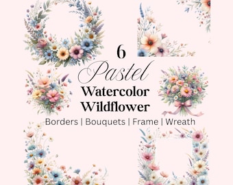 Watercolor Pastel Wildflower Clipart: Floral PNG Elements (Digital Design)