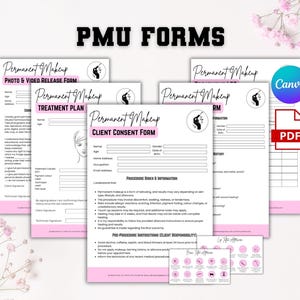 Könnte beinhalten: Eine Sammlung von rosa und weißen Permanent-Make-up-Formularen, darunter eine Foto-Freigabe, ein Behandlungsplan und eine Einverständniserklärung des Kunden. Die Formulare tragen den Text "Permanent Makeup" und sind für den professionellen Gebrauch bestimmt.