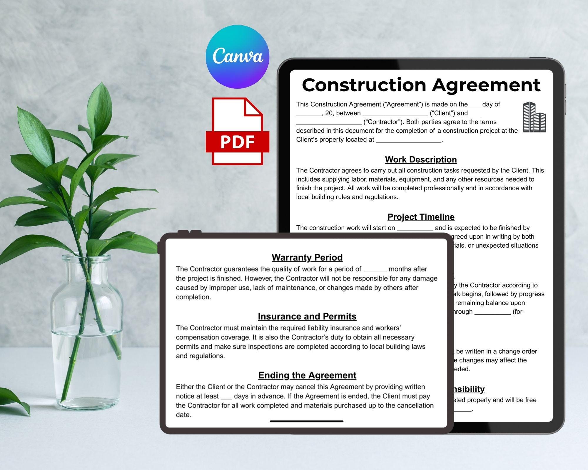 Editable Construction Contract Agreement Template, Single Page ...