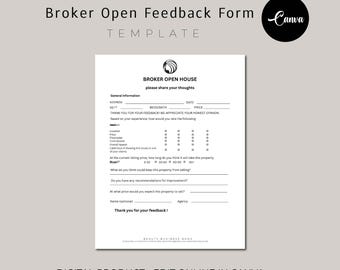 Broker Open House Feedback Form, Real Estate Agent Open House Feedback, Broker Open Feedback Questionnaire, Realtor Tour Feedback Form Canva
