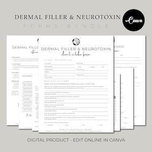 May include: A black and white printable form for a dermal filler and neurotoxin client intake form. The form includes sections for client information, medical history, and consent. The form is designed for use in a beauty business.