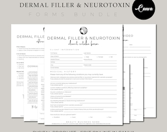 May include: A black and white printable form for a dermal filler and neurotoxin client intake form. The form includes sections for client information, medical history, and consent. The form is designed for use in a beauty business.