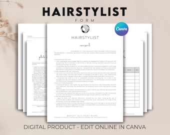 May include: A printable hairstylist consent form with a black and white design. The form includes a section for client information, a section for the hairstylist to explain the services, and a section for the client to sign. The form also includes a price list.