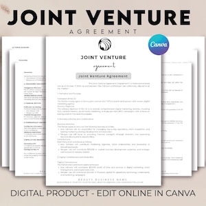 May include: A stack of white Joint Venture Agreement documents with black text. The top document features the title "Joint Venture Agreement" and a logo. The Canva logo is visible. The bottom of the image reads "DIGITAL PRODUCT - EDIT ONLINE IN CANVA."