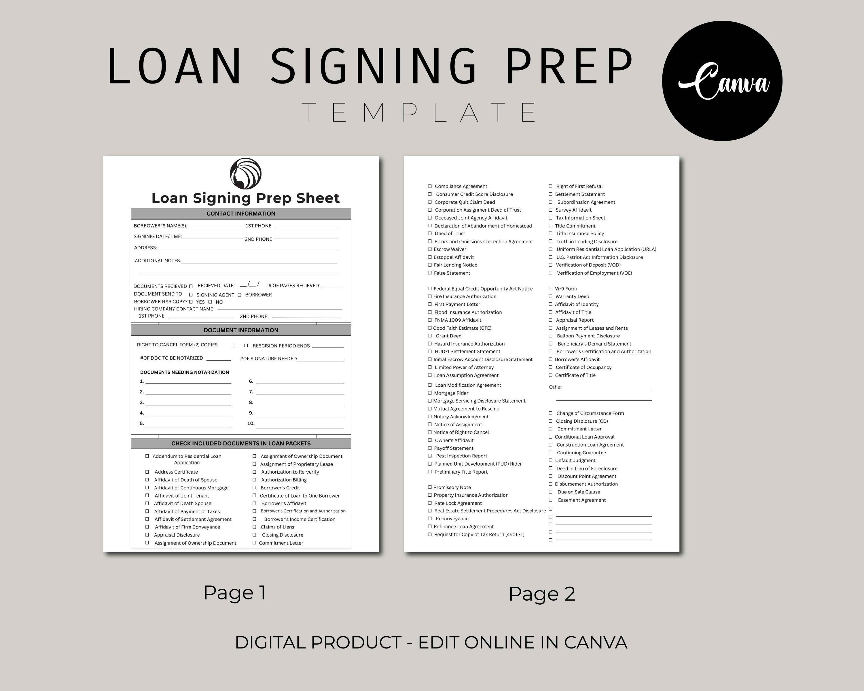 Printable Notary Loan Signing, Agent Signing Prep Sheet, Intake Form ...