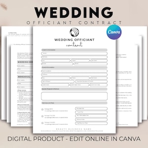 Puede incluir: Una pila de formularios de contrato de oficiante de bodas blancos con el texto "WEDDING OFFICIANT contract" y "DIGITAL PRODUCT - EDIT ONLINE IN CANVA". Los formularios incluyen campos para la información del cliente y del evento.