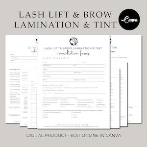 Bewerkbare sjablonen voor wimperlift en wenkbrauwlaminering, wimperopname en toestemmingsformulier, afdrukbare formulieren schoonheidsspecialiste, schoonheidssaloncanva-sjablonen