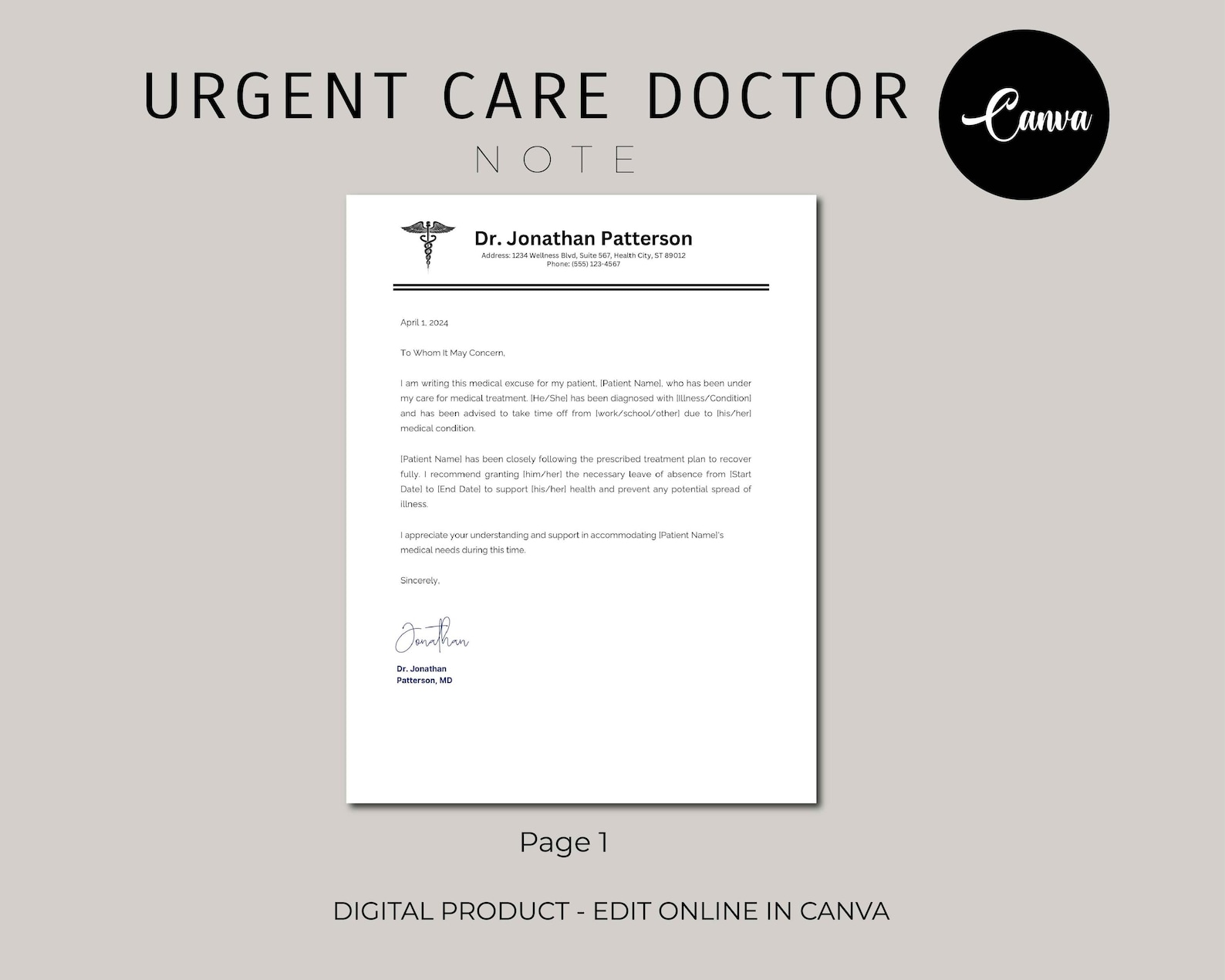 Editable Urgent Care Doctor Note for Work, Doctor Excuse Note Template