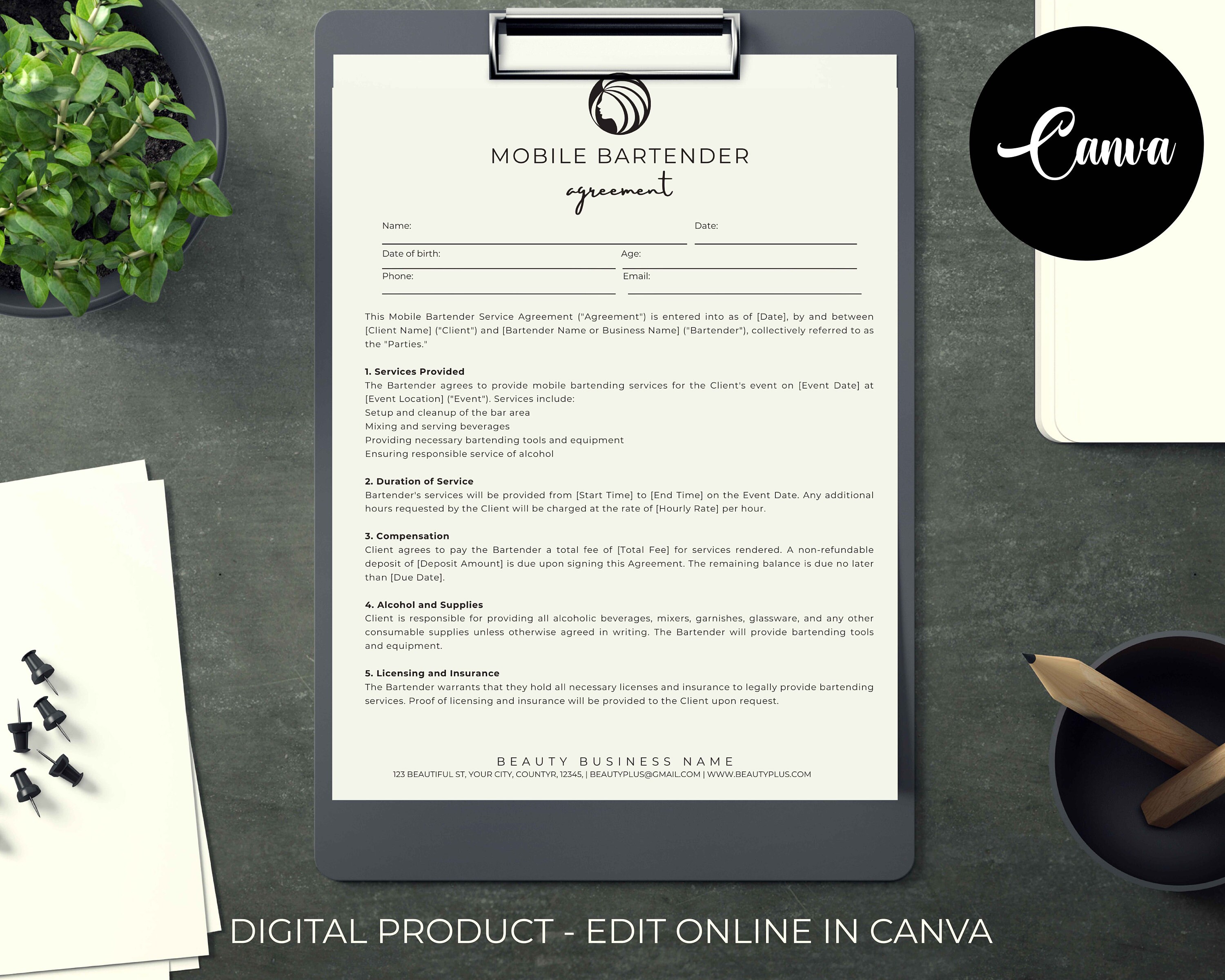 Mobile Bar Contract Template, Mobile Bar Service Contract Minimalist ...