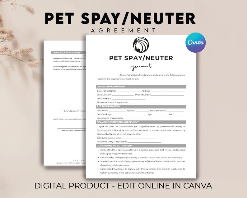 Pet Spay or Neuter Agreement Form, Spay Neuter Contract Template
