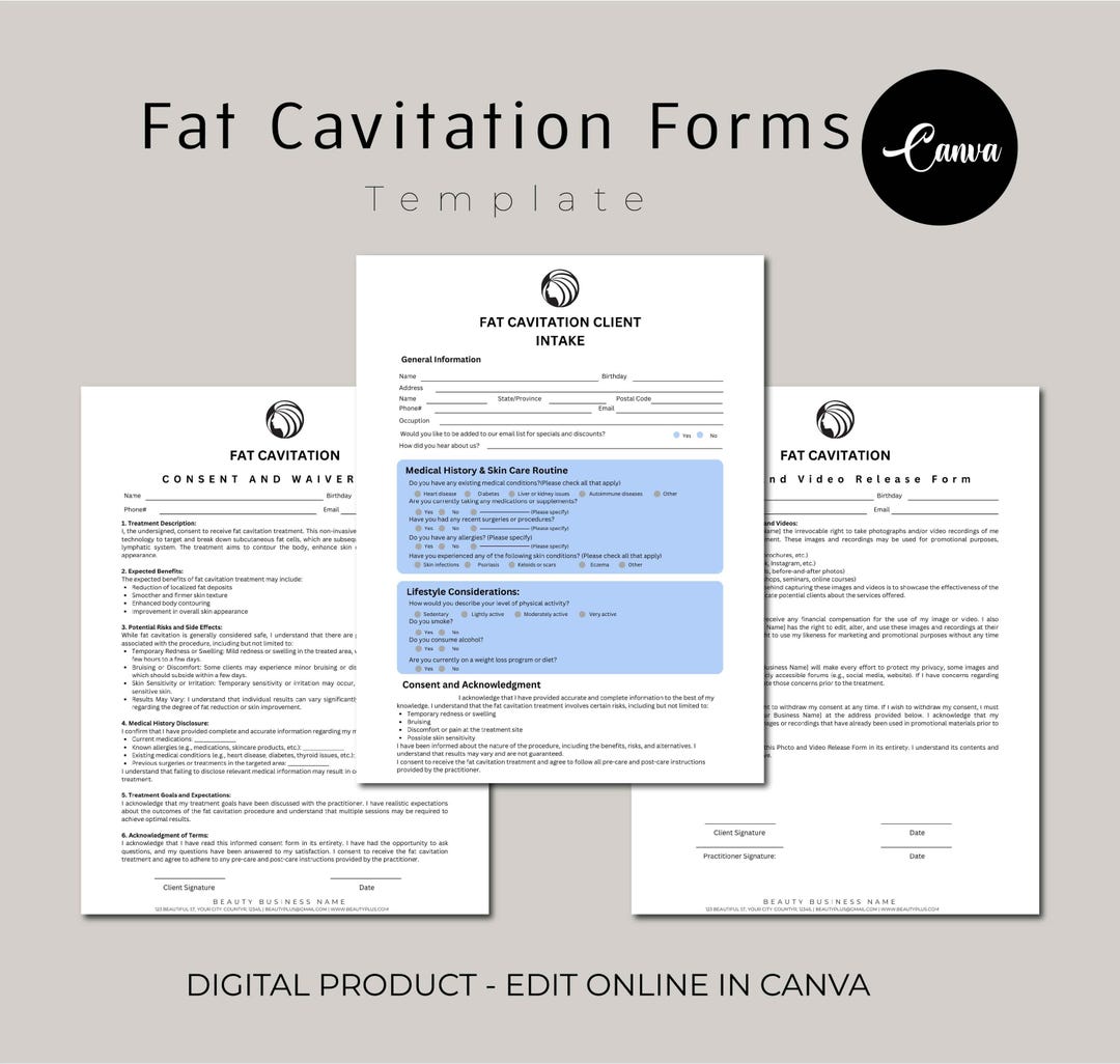 Fat Cavitation Form, Fat Cavitation Consent Form, Esthetician Business ...