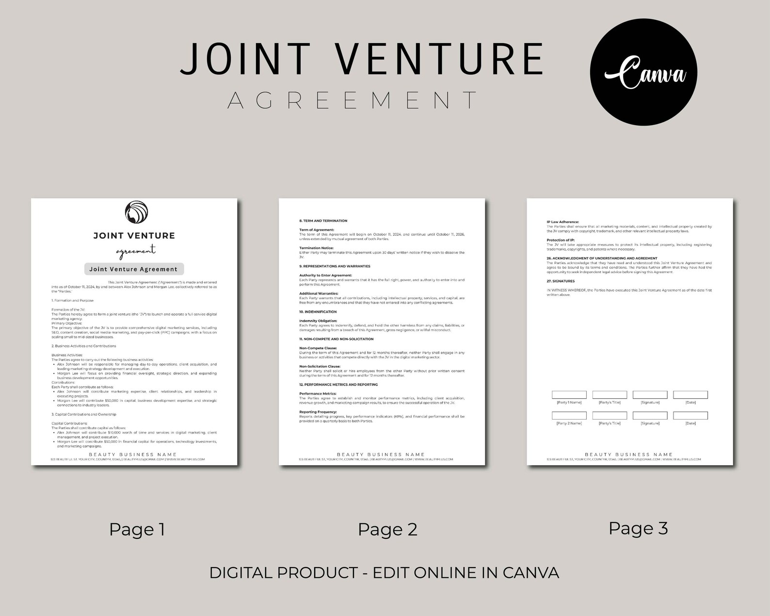 Joint Venture Agreement Template, Jointly Business Contract ...