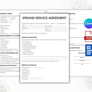 May include: Three white documents with text, including an "Errand Service Agreement" form, a "Payment Terms" form, and a "Client Responsibilities" form. The image also includes a Canva logo, a PDF icon, and a Word document icon.