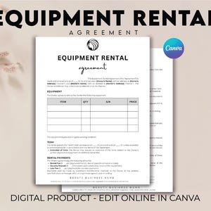 Editable Equipment Rental Agreement Template, Equipment Rental Contract Form, Equipment Lease, Party Supplies Rental Contract, Invoice Sheet