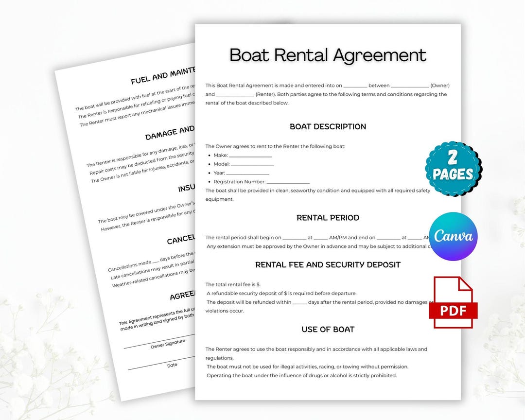 Editable Boat Rental Agreement Template, Marina Rental Contract Form ...