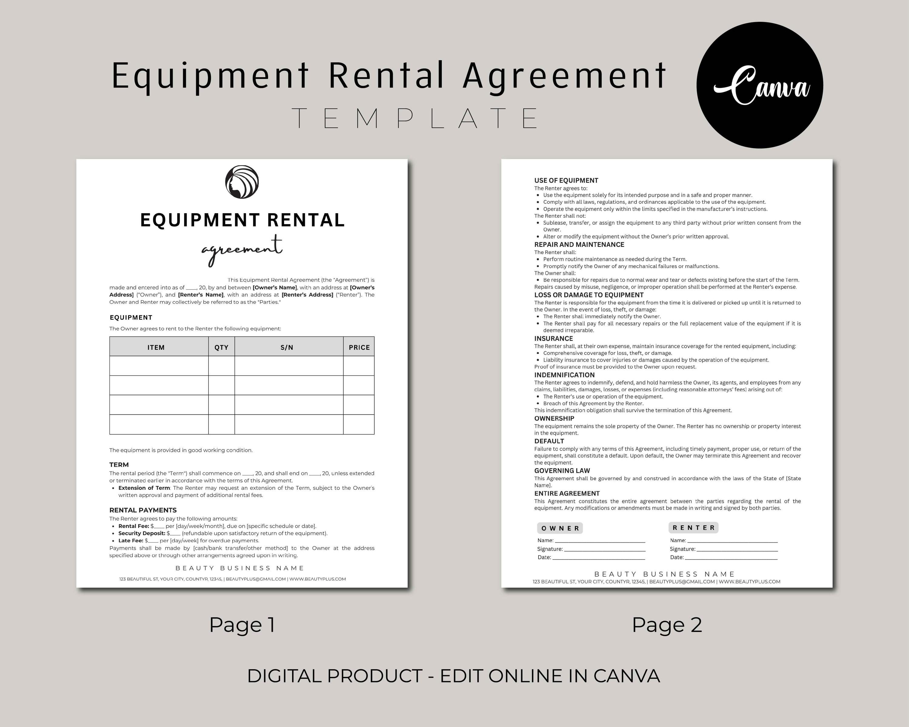 Editable Equipment Rental Agreement Template, Party Supplies Rental ...