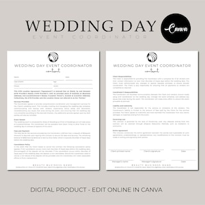 May include: Black and white wedding day event coordinator contract template. The document includes sections for client responsibilities, coordinator responsibilities, liability and indemnity, governing law, entire agreement, and signatures. The document is designed to be edited online in Canva.
