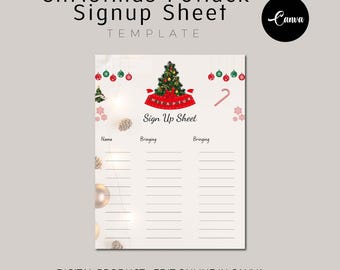 May include: A printable Christmas potluck sign-up sheet template with a festive design featuring a Christmas tree, ornaments, and candy canes. The template has columns for names and what people are bringing.